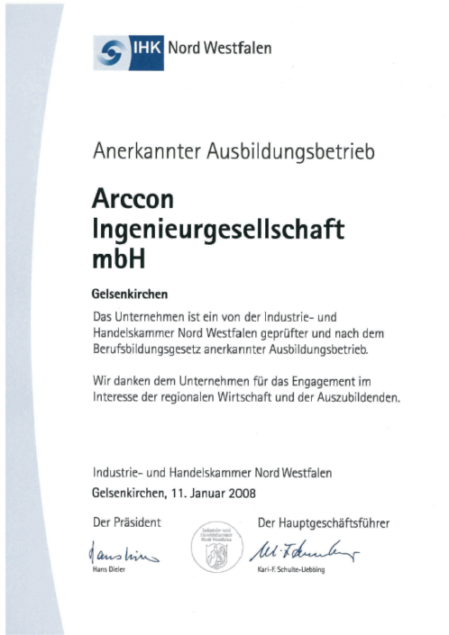 IHK Ausbildungsbetrieb Arccon Ingenieurbüro Gelsenkirchen